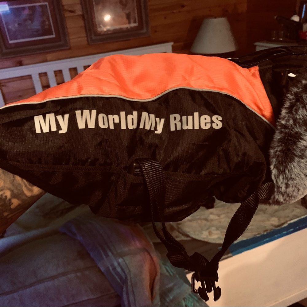 Small dog winter coat with fur lined neck 15” long 8” chest